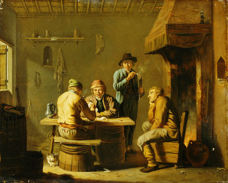 Peasants Playing Cards By A Cottage Fire a Justus Juncker