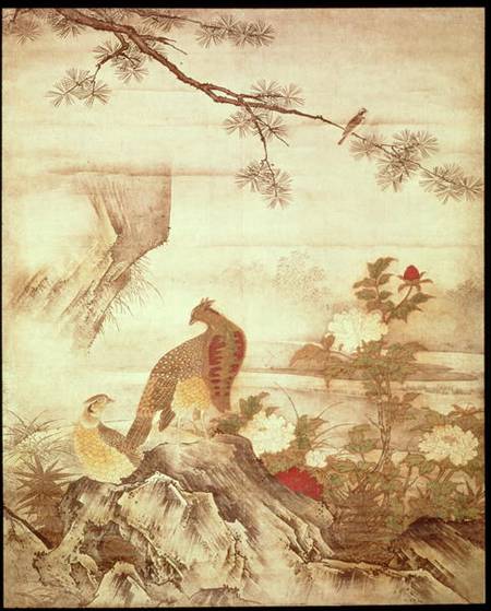 Pheasants and peonies, from a series of scrolls representing Birds and Flowers of the Four Seasons, a Kano  Motonobu