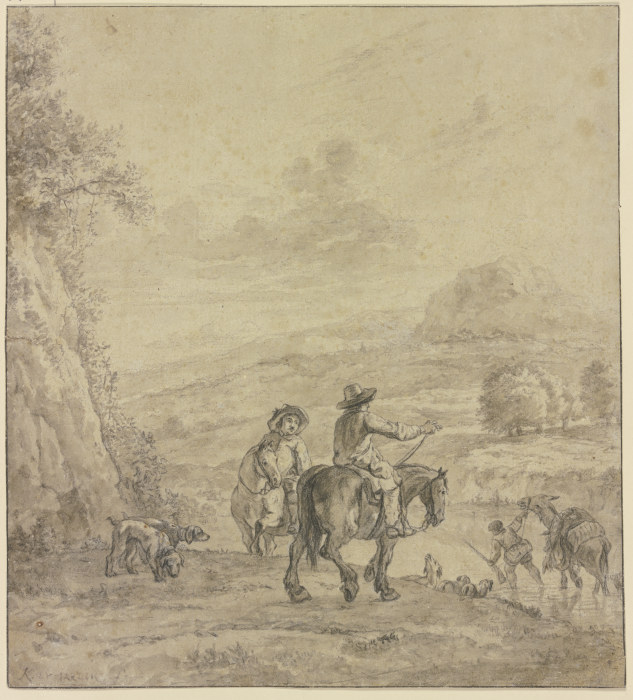 Zwei Reiter an einem Wasser, durch welches ein bepackter Esel geführt wird a Karel Dujardin