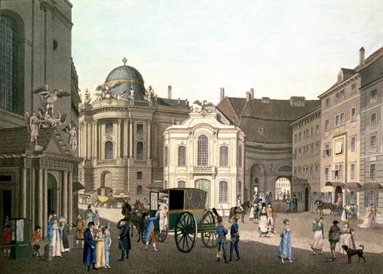 View of Michaelerplatz showing the Old Burgtheater (hand-coloured engraving) a Karel Postl