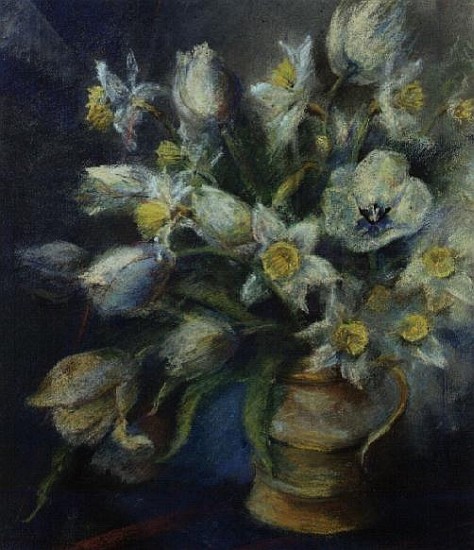 Daffodils, Ice Follies and Tulips, Diana in a brown jug (pastel)  a Karen  Armitage