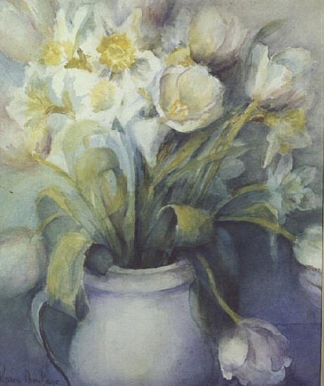 Tulips Fosteriane Purissima and Daffodils, Ice Follies in a White Jug  a Karen  Armitage