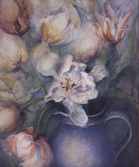 Tulips in a blue jug, white parrot and china pink  a Karen  Armitage