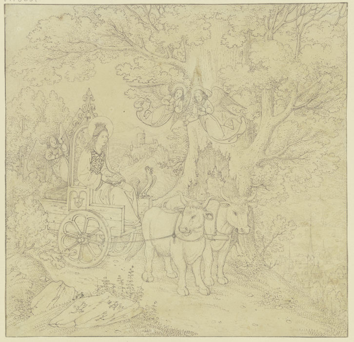 Die Heilige Elisabeth auf einem mit Ochsen bespannten Wagen, von Engeln geleitet a Karl Ballenberger