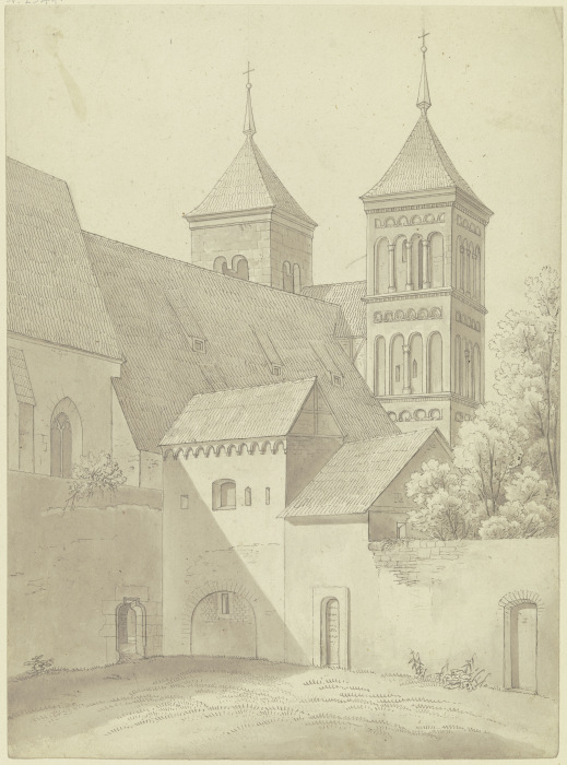 Romanische Kirche mit zwei Türmen, vorn der Klosterhof a Karl Ballenberger