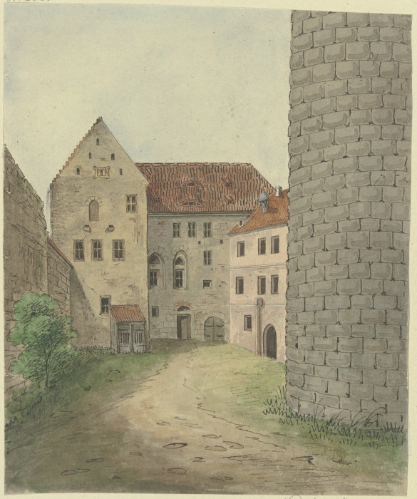 Schloßhof, rechts ein mit grauen Quadern erbauter runder Turm a Karl Ballenberger