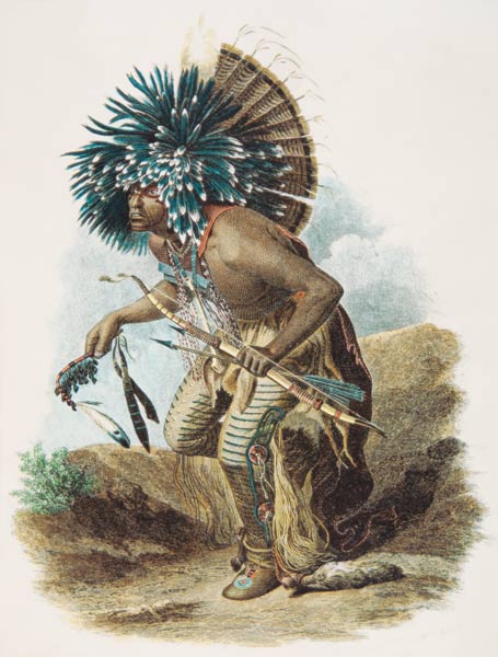 Medicine man of the Mandan tribe in the costume of the Dog Dance, 1834 (colour litho) a Karl Bodmer