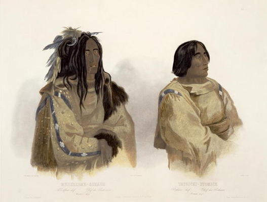 Mehkskeme-Sukahs, Blackfoot Chief and Tatsicki-Stomick, Piekann Chief, plate 45 from Volume 2 of 'Tr a Karl Bodmer