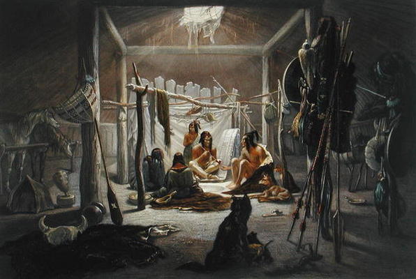 The Interior of the Hut of a Mandan Chief, plate 19 from Volume 2 of 'Travels in the Interior of Nor a Karl Bodmer