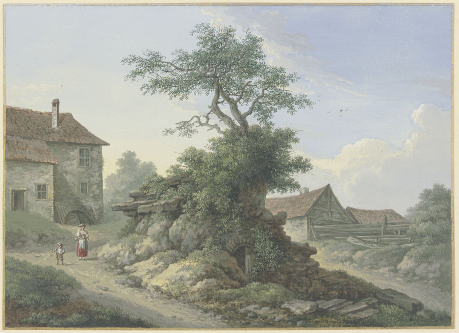 Bauernhof, in der Mitte ein Baum auf einer Kellerruine a Karl Franz Kraul