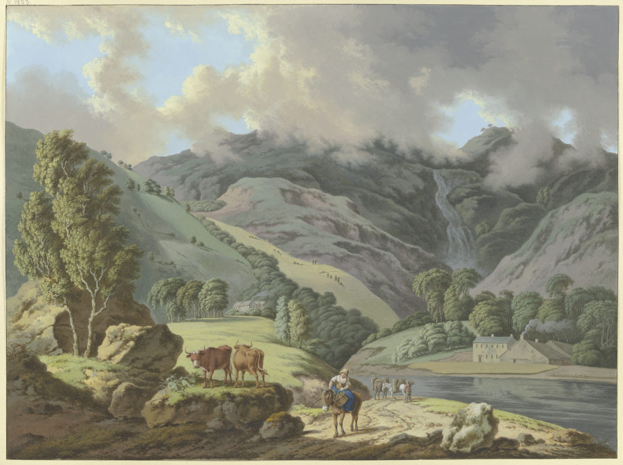 Berglandschaft mit einem Wasserfall und Flüßchen im Vordergrund a Karl Franz Kraul