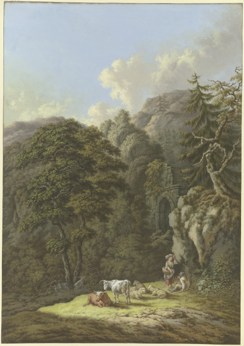 Waldige Berglandschaft mit einem alten Tor und einer Viehherde in einer Lichtung a Karl Franz Kraul