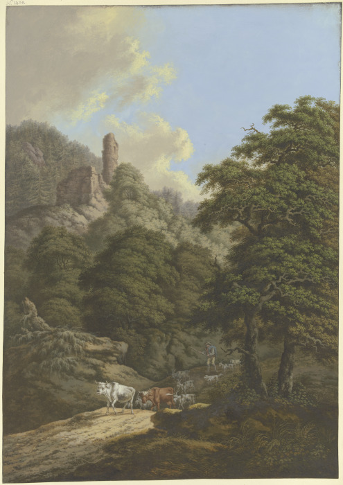 Waldige Berglandschaft mit einer Burgruine, ein Hirte treibt seine Herde von der Weide a Karl Franz Kraul
