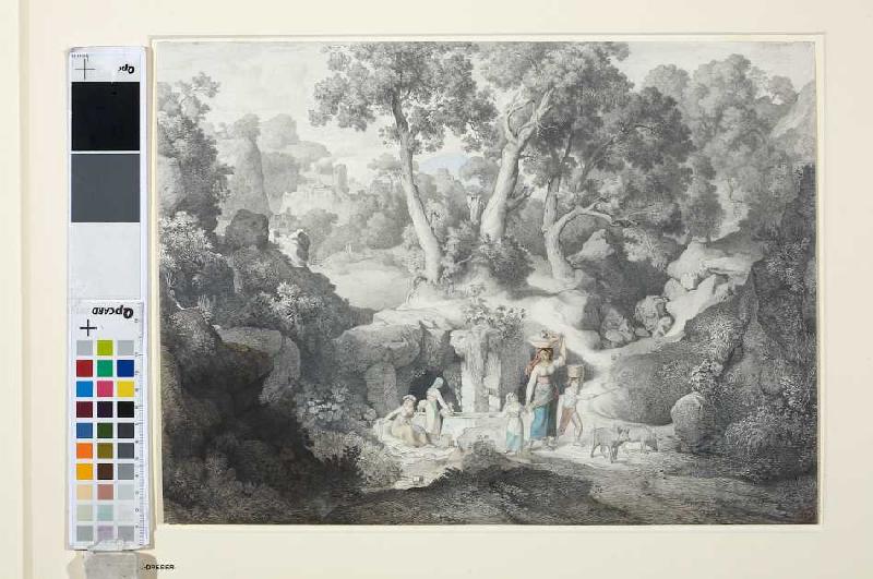 Heroische Landschaft mit Landleuten beim Brunnen a Karl Heinrich Dreber