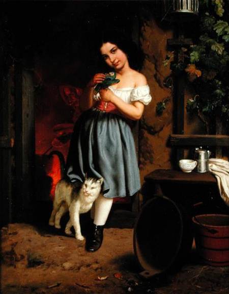 A Young Girl with a Cat a Karl Nahl