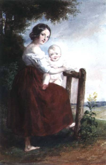 Girl holding a Baby: Landscape Background a Károly Brocky