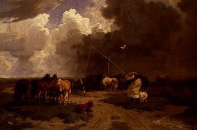 Pusztalandschaft with horse herd and storm pulling up. a Karoly Lotz