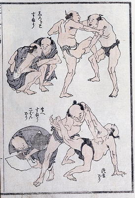 Studies of gestures and postures of wrestlers, from a Manga (colour woodblock print) a Katsushika Hokusai