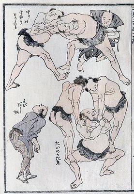 Studies of gestures and postures of wrestlers, from a Manga (colour woodblock print) a Katsushika Hokusai