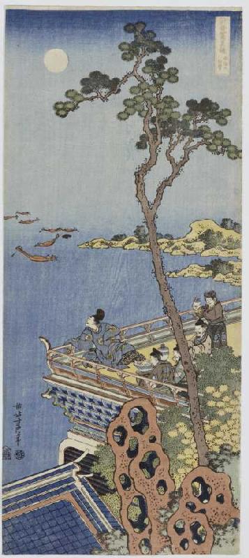 Ein Höfling auf einem Balkon eines chinesischen Pavillons, bei Mondlicht in die Ferne blickend. a Katsushika Hokusai