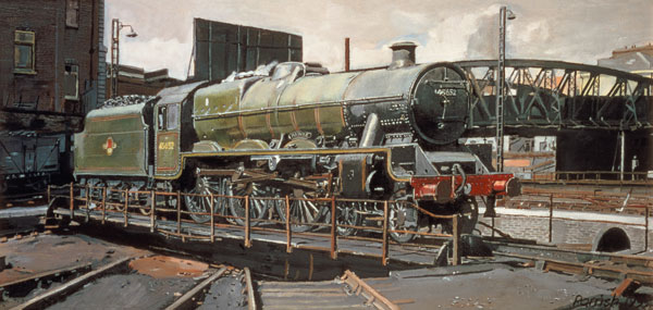 Jubilee Turnaround, Hawke 45652 Jubilee Class Locomotive on Camden turntable, London (oil on canvas) a Kevin 