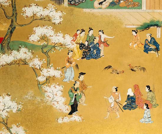 A Detail From An Eight-Leafed Screen In Sumi  Depicting a Cock Fight Beneath Cherry Tree Blossoms a Kitagawa  Utamaro