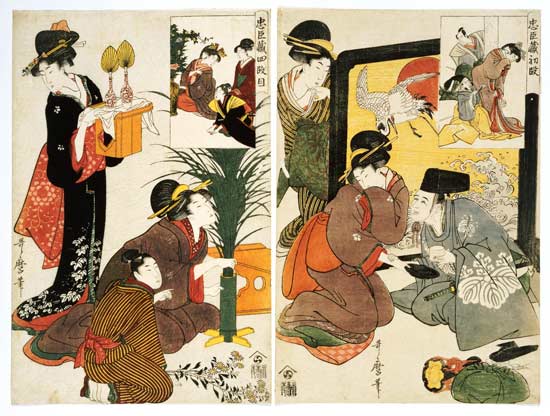 Two Scenes From The Series  ''Loyal League'' Depicting Everyday Life Of An Edo Period Household a Kitagawa  Utamaro