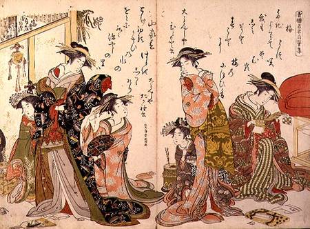 Courtesans at leisure from the 'Autographs of Yoshiwara Beauties' a Kitao Masanobu