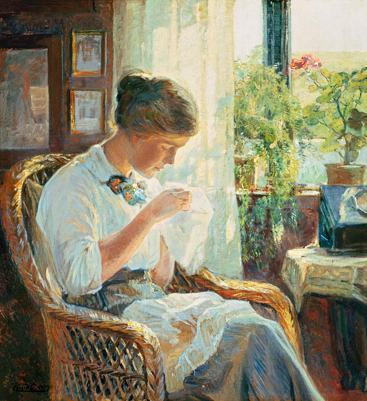 Sewing young woman at the window a Knud Erik Larsen