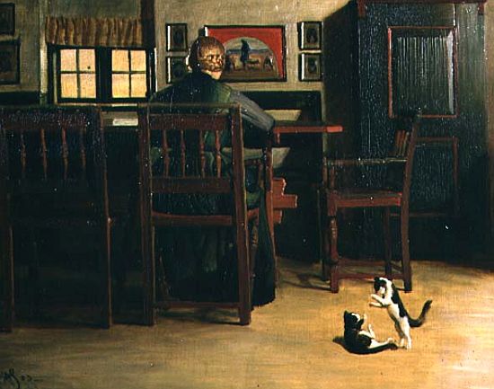 Interior with Playful Kittens a Knud Sinding