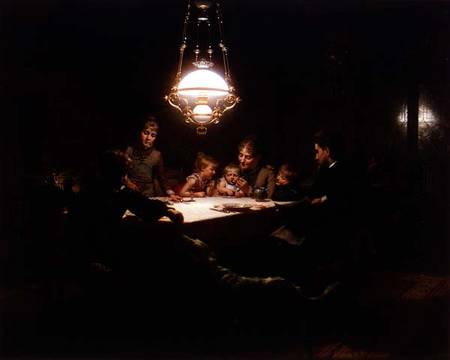 Family supper in the lamp light a Knut Ekwall