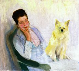 Portrait of the wife of the artist with little dogs a Konrad Krzyzanowski