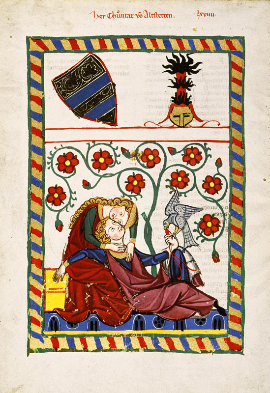 Buchmalerei, von der Falkenbeize heimgekehrt, ruht im Schoße seiner Dame a Konrad von Altstetten