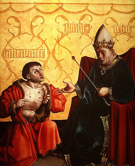 Antipater kneeling before Juilus Caesar, from the Mirror of Salvation Altarpiece, c.1435 (tempera on a Konrad Witz