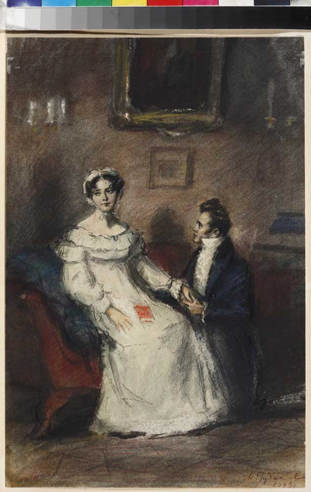Tatyana and Onegin. Illustration for the novel in verse "Eugene Onegin" by A. Pushkin a Konstantin Iwanowitsch Rudakow