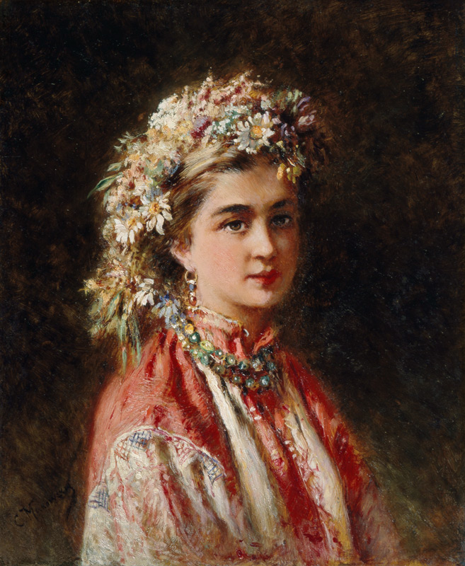 Young girl with flower garland a Konstantin Jegorowitsch Makowski