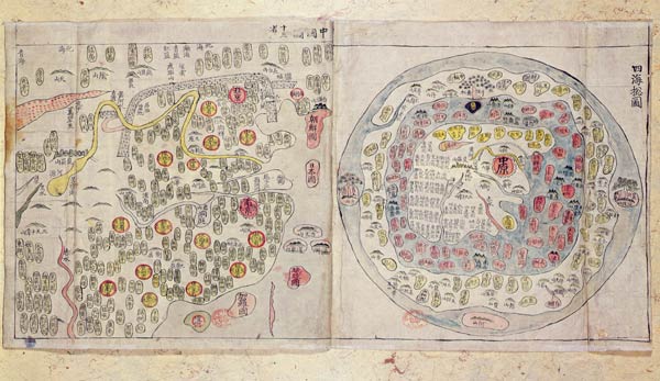 Sino Korean world map, c.1800 (hand-coloured print) a Korean School