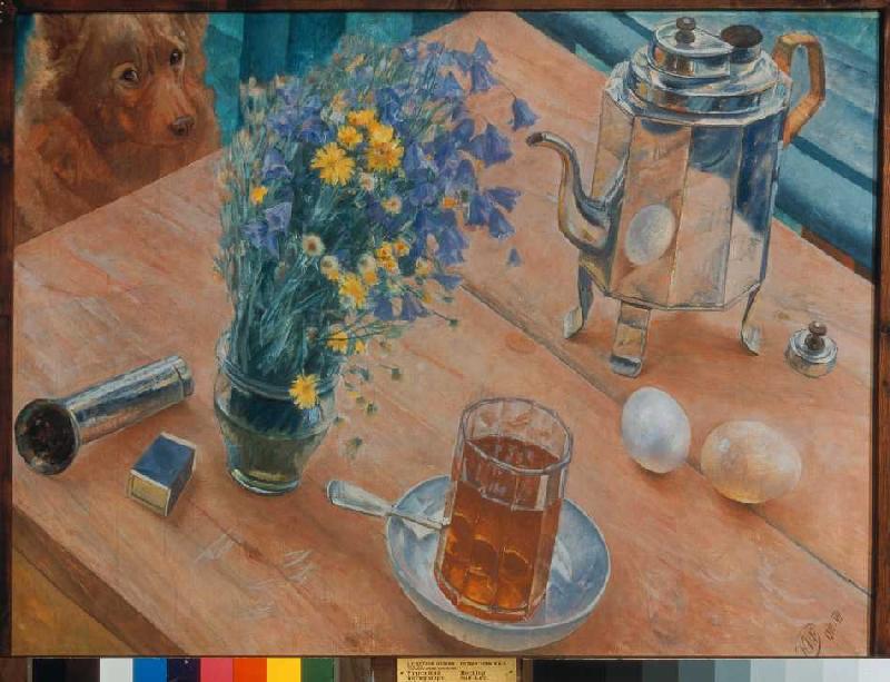 Das Morgen-Stillleben (Teekanne, Teeglas und Blumenvase) a Kosjma Ssergej. Petroff-Wodkin