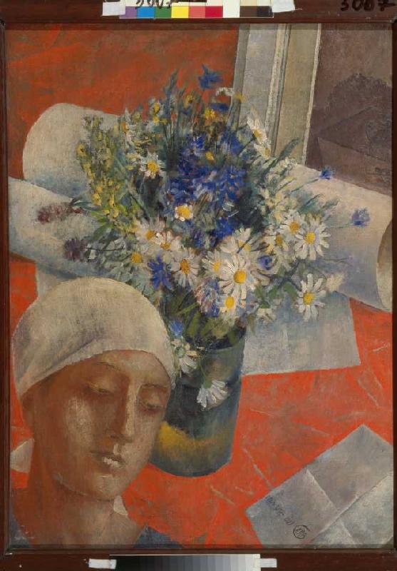 Frauenkopf und Vase mit Blumen a Kosjma Ssergej. Petroff-Wodkin
