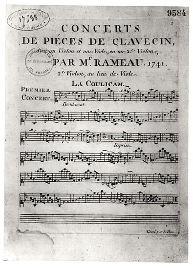 Score sheet for ''Concerts de Pieces de Clavecin'' Jean-Philippe Rameau (1683-1764) 1741 a L. Hue