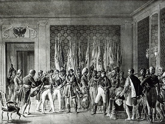 Napoleon gives the flags won at Austerlitz in 1805 to the Mayors of Paris visiting him at Schonbrunn a L. Marin