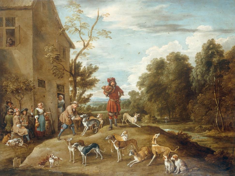 Huntsmen and Hounds in a Landscape a Lambert de Hondt