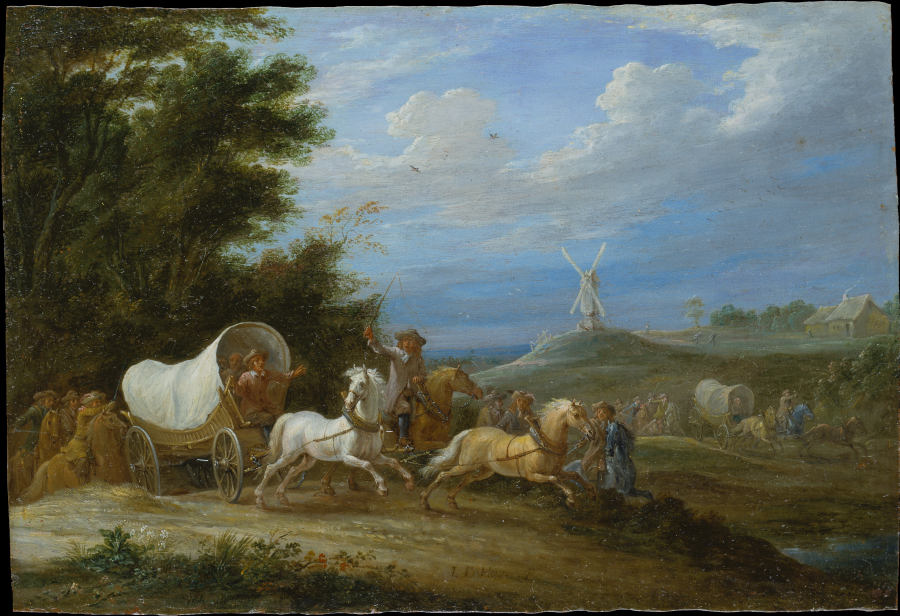 Landscape with the Attack on a Covered Wagon by a Group of Riders a Lambert de Hondt