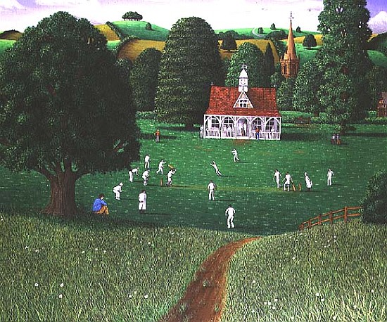 Cricket Match at St. Mary''s Grange, Wilts, 1986 (acrylic on linen)  a Larry  Smart