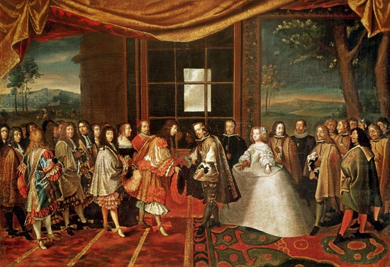 Meeting between Louis XIV (1638-1715) and Philippe IV (1605-65) at Isle des Faisans a Laumosnier