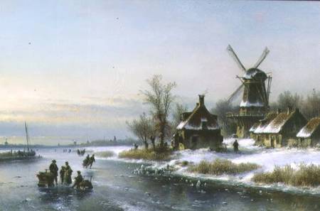 Windmill by a Frozen River a Laurens Johannes Kleijn