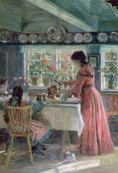 The Coffee is Poured - The Artist's Wife with their 2 daughters a Laurits Regner Tuxen