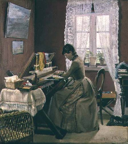 Johanne Wilde, the artist's wife, at her loom a Lauritz Andersen Ring