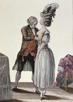 A tailor trying out a fashionable corset on a lady, plate from 'Galerie des Modes et Costumes', engr a Le Clere