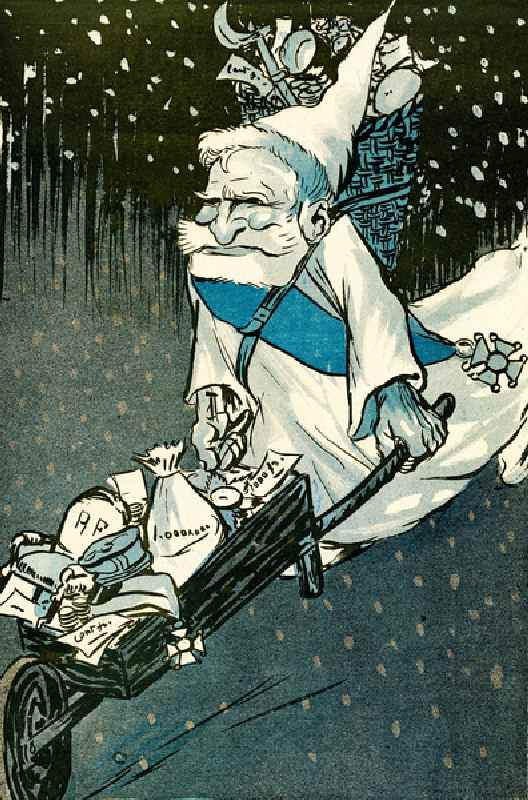 The Christmas for big kids - French President Emile Loubet dressed as Santa Claus with a wheelbarrow a Leal de Camara